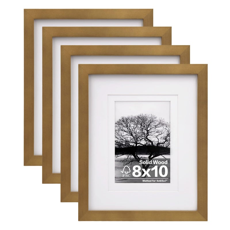 Egofine 8x10 Picture Frames 4 Pack, for Pictures 4x6 or 5x7 with Mat Made of Solid Wood Covered by Plexiglass for Table Top Display and Wall Mounting Photo Frames, Light Brown - Image 1